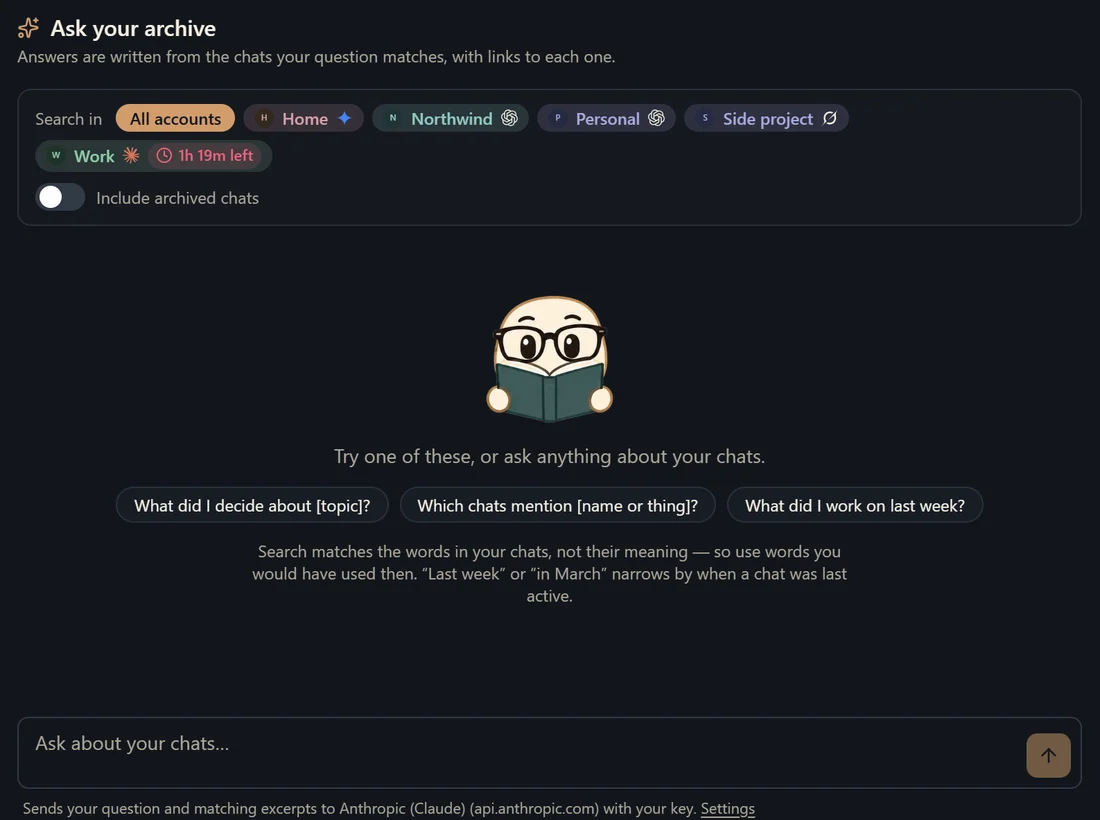 Ask Your Archive, ready for a question across all five demo accounts, with suggested questions to start from.