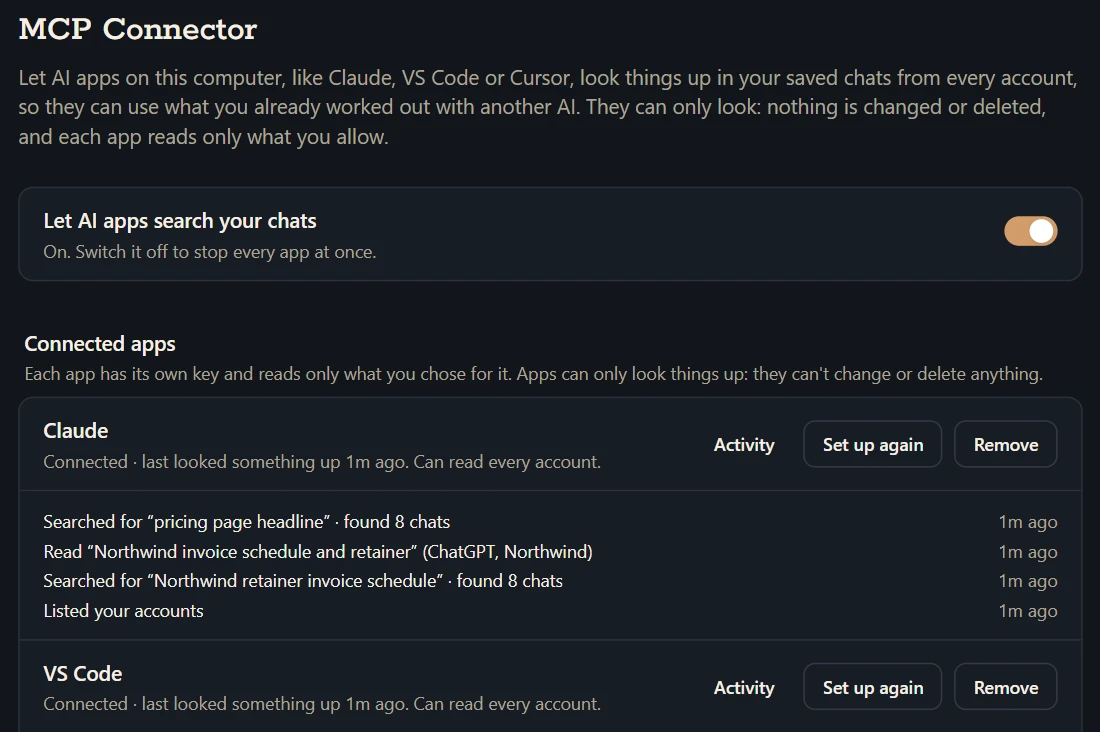 Settings, MCP Connector: Claude and VS Code connected, with what Claude looked up in the demo chats.