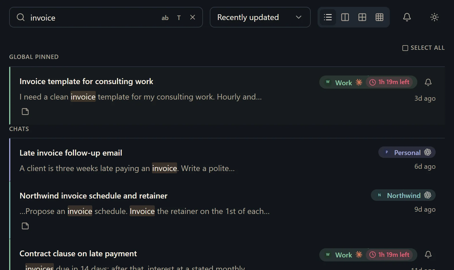 Search results for “invoice” from Work, Personal, Northwind and Home, with the matching words highlighted, each in its account's colour.